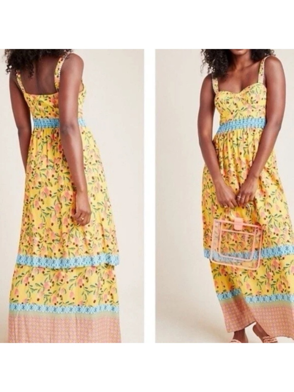 FARM Rio for Anthropologie Anjou Maxi Dress Fruit Floral Smocked Womens Small